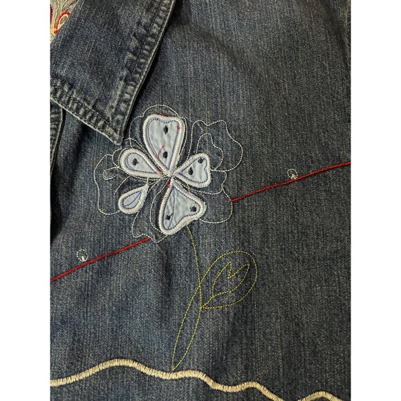 Vintage Early 2000s Bobbie Brooks Denim Blouse Womens L Floral Embroidered - Picture 12 of 16